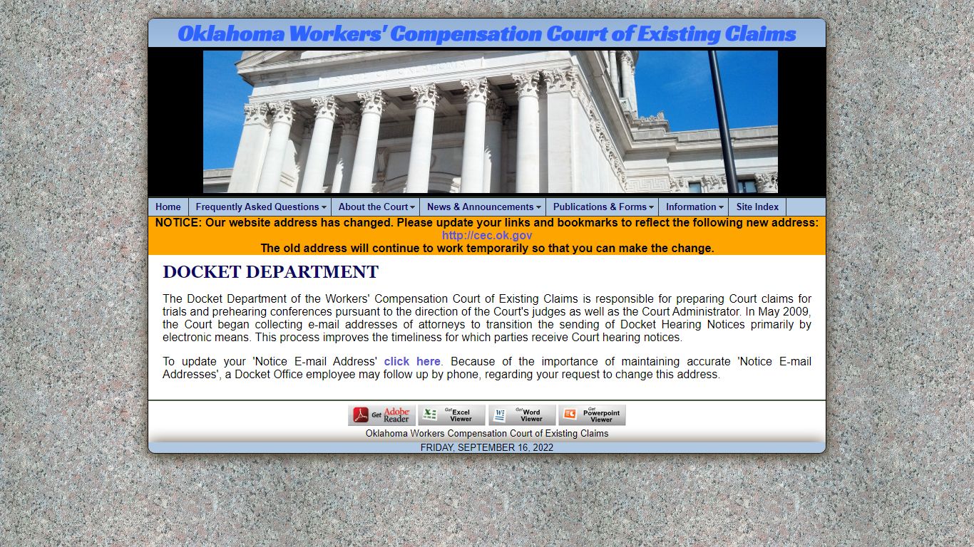 Oklahoma Workers Compensation Court of Existing Claims Docket Department